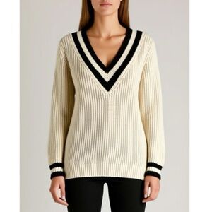 VTG POL V-Neck Pullover Sweater White With Blue Accents Sz L Academia Preppy